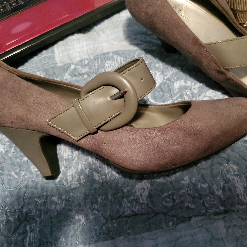 Gray buckle heels